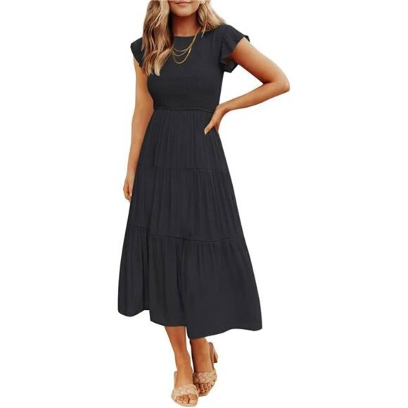 Women's Summer Flutter Sleeve Smocked Elastic Waist Tiered Midi Dress